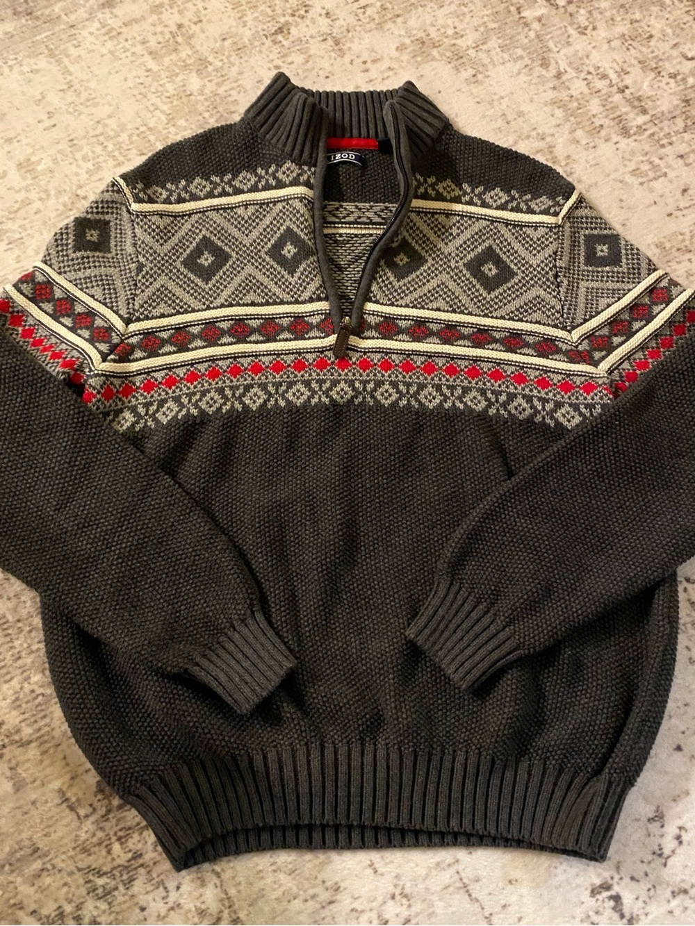 Izod Men's Charcoal Fair Isle Quarter-Zip Sweater with Red Accents